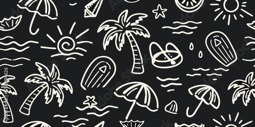 Whimsical hand drawn summer beach vacation pattern with palm trees and sun