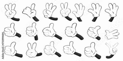 Collection of cartoon hands in various gestures including thumbs up and peace signs