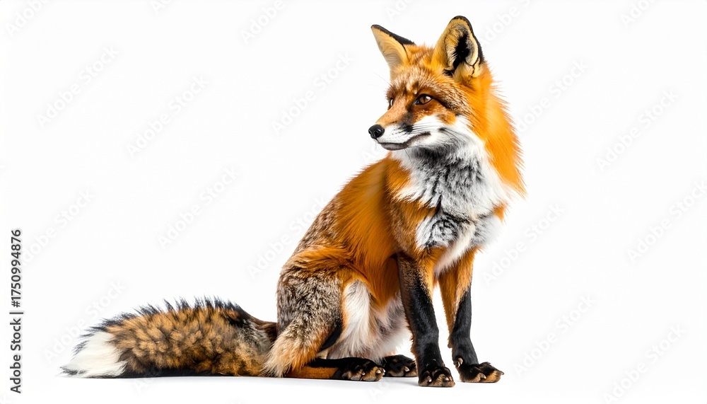 Fototapeta premium Red fox sitting with bushy tail on white background