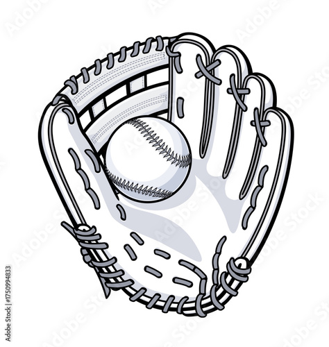 simple classic grayscale white leather baseball softball glove mitt holding with ball cartoon vector isolated on transparent background