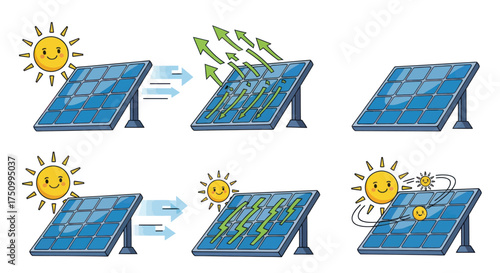 Illustrated Solar Panel Diagram Showing Energy Conversion Process.