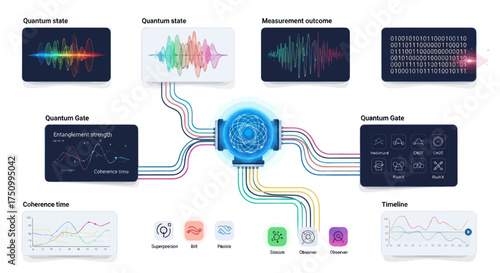 Futuristic AI dashboard showing quantum computing and neural network data analysis.