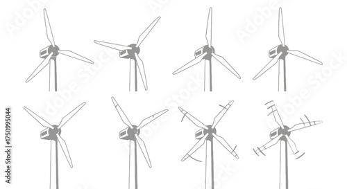 Set of Sketch Style Wind Turbines with Rotating Blades.