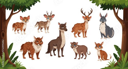 Collection of Cartoon Forest Animals: Deer Rabbit Fox and Other Wildlife.