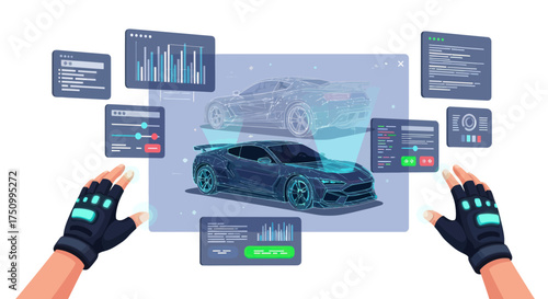 Futuristic Digital Car Design with Holographic Interface Display.