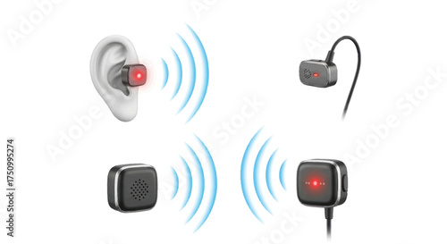 Close-up of a small square electronic device with a red light emitting sound waves shown in ear and separate.