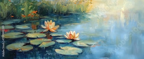 Impressionistic Lotus Pond Painting: Serene Water Lilies and Tranquil Reflections.