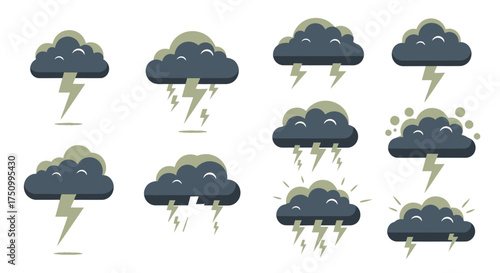 Collection of cartoon storm clouds with lightning bolts.