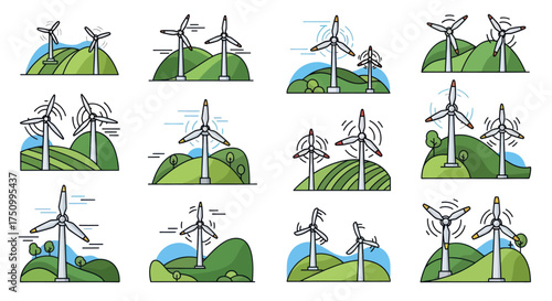 Collection of Wind Turbines on Rolling Green Hills.