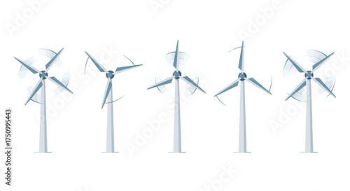 Row of Wind Turbines Generating Clean Energy on White Background.