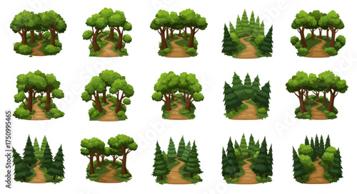 Collection of Stylized Cartoon Forest and Tree Illustrations.