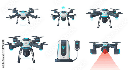 Collection of Modern Drones and Charging Station.
