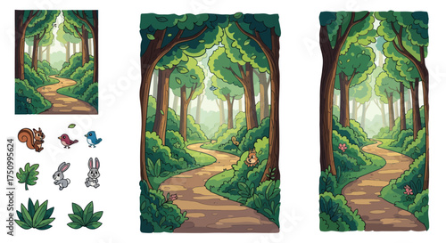 Enchanted Forest Path with Sunlight Filtering Through Green Trees.