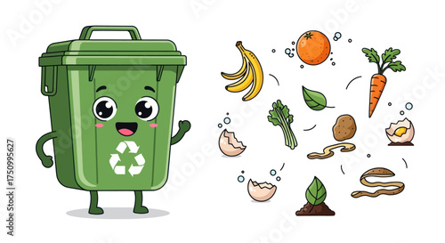 Friendly Green Recycle Bin Cartoon Character Waving Hello.