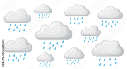 Collection of cartoon clouds raining water droplets.
