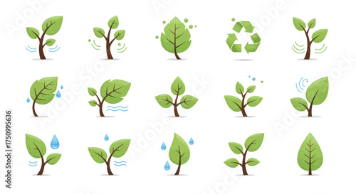 Collection of Green Leaf Sprout Illustrations with Water Droplets and Recycle Symbol.
