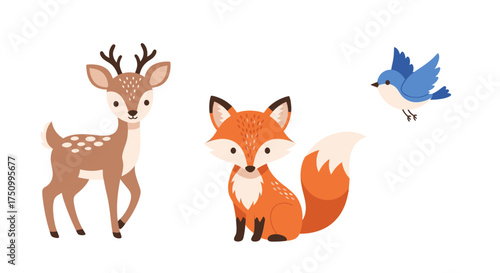 Cartoon Deer Fox and Bluebird Illustration.