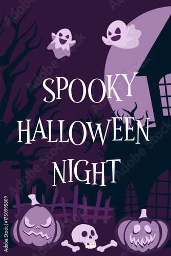 Flat vector Halloween banner showing happy ghosts, jack lanterns, and skull with bones near an old haunted house. Ideal for spooky posters, invitations, and festive advertisements.