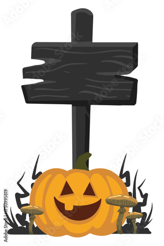Flat vector Halloween composition with black wooden signboard on stick, large pumpkin and toxic mushrooms. Great for spooky cards, invitations, and banners.