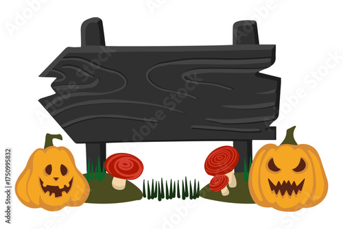 Flat vector Halloween composition with  black wooden signboard and empty text space surrounded by jack lanterns and mushrooms. Perfect for banners and festive designs.