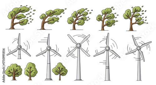 Wind Turbines and Trees in a Strong Wind: Renewable Energy Concept.