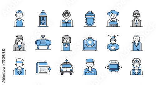 Collection of Blue and Gray Line Art Icons Representing Professions.