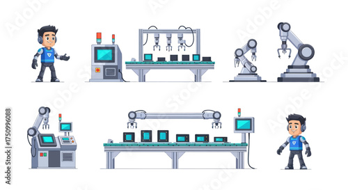Cartoon Industrial Automation Factory Production Line with Robots and Workers.