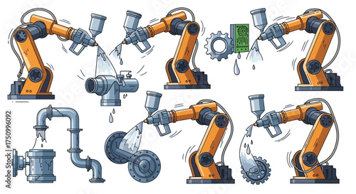Industrial Robotic Arms Performing Spray Painting and Assembly Tasks.