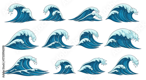 Collection of Stylized Blue Ocean Waves with White Foam.