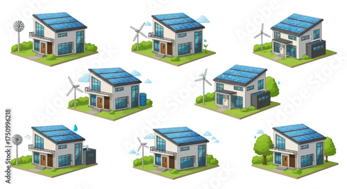 A collection of modern isometric eco-friendly houses with solar panels and wind turbines.