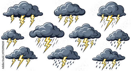 Collection of Storm Clouds with Rain and Lightning Bolts.