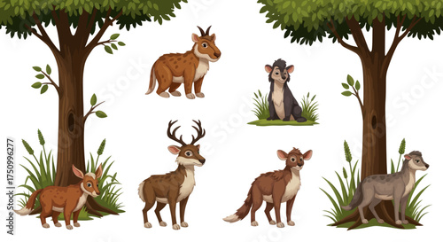 Forest Animals Illustration: Deer Fox Otter Rabbit and Muntjac in a Natural Setting.