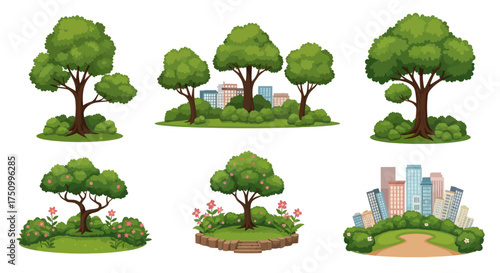 Collection of stylized green trees and urban cityscapes.