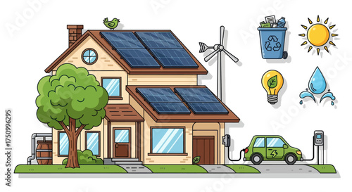 Hand-drawn eco-friendly house with solar panels a wind turbine and an electric car charging station.