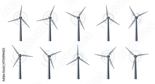 Set of isolated wind turbines showing a rotation sequence with spinning blades and motion blur.