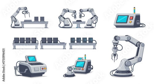 Set of Robotic Arms and Industrial Equipment for Automated Manufacturing Processes.