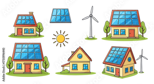 A colorful hand-drawn collection of eco-friendly houses with solar panels and wind turbines for sustainable living.