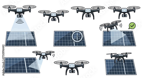 Drones Inspecting and Monitoring Solar Panels for Efficiency and Maintenance.