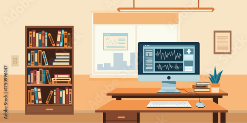 Modern doctor office interior with computer and bookshelf
