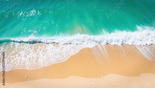 Serene Turquoise Ocean Waves Gently Crashing on an Empty Sandy Beach A high angle, wide shot of a serene turquoise ocean with gentle, foamy waves lapping onto a clean, golden sand beach. The lighting