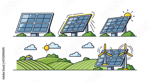 Illustrative Solar Panels and Wind Turbines Green Energy Set.