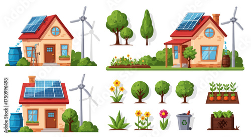 Cartoon Houses with Solar Panels Wind Turbines and Gardens.