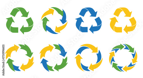 Colorful Recycle Symbols Set with Green Blue and Yellow Arrows.