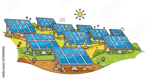 Cartoon Illustration of Solar Panels Generating Clean Energy.