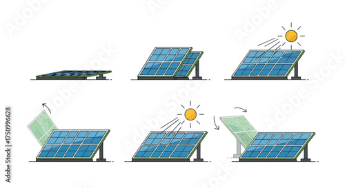 Solar Panel Array: Renewable Energy Generation Process with Sun Rays.