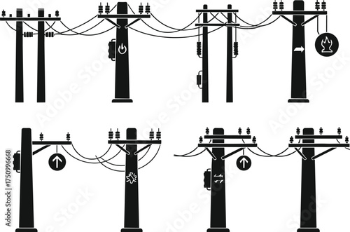 Electric power poles, utility line silhouette, high voltage transmission, electricity distribution infrastructure