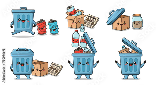 A collection of cute kawaii cartoon trash cans and various recyclable garbage characters with happy faces.