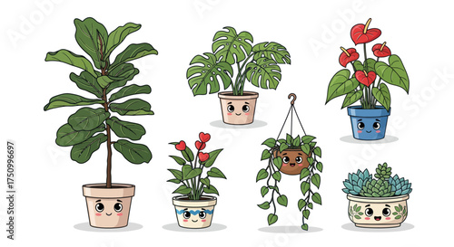 Cute Cartoon Potted Houseplants with Adorable Faces Illustration Set.