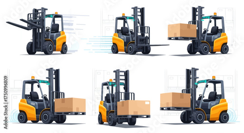Yellow and Black Forklifts with Pallets and Boxes in Various Positions.