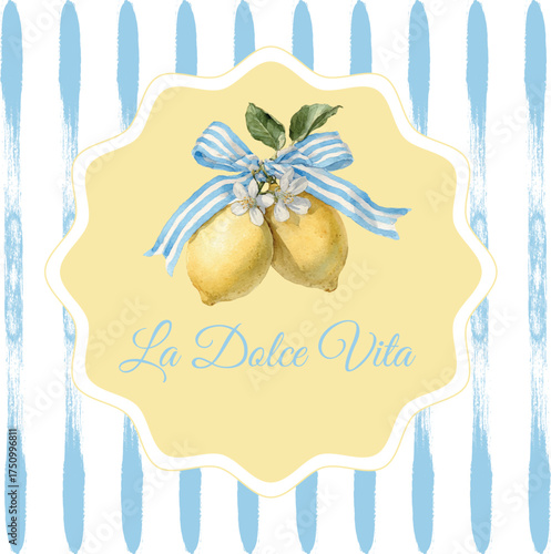 Watercolor lemon with blue ribbon illustration